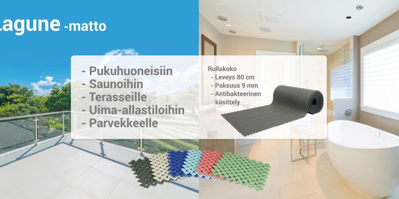 Baktreerisuojattu Lagune kosteantilan matto soveltuu uima-allastiloihin, suihkuihin, kylpylöihin, saunoihin, pukuhuoneisiin